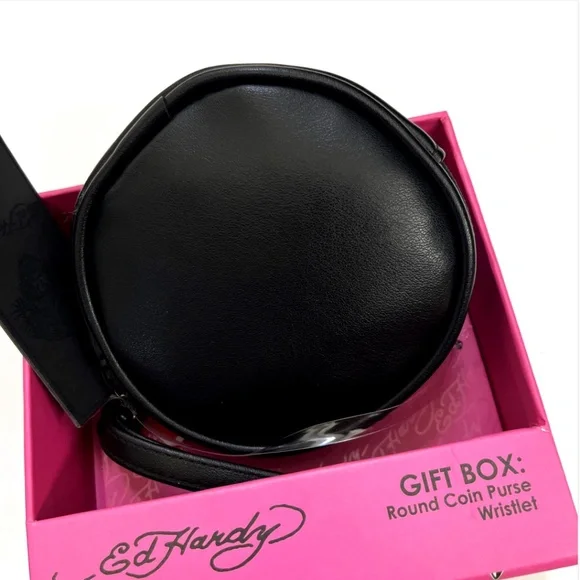 Ed Hardy 2pc Coin Purse Wristlet Set Heart Rhinestone Tattoo Black White NWT - Picture 4 of 6